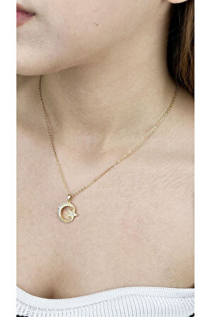 Zirkon Taşlı, Ay Yıldızlı, Paslanmaz Çelik Kolye 401, Altın Renk