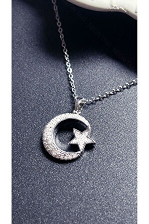 Zirkon Taşlı, Ay Yıldızlı, Paslanmaz Çelik Kolye 402, Gümüş Renk