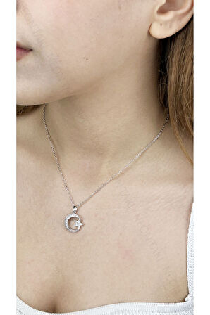 Zirkon Taşlı, Ay Yıldızlı, Paslanmaz Çelik Kolye 402, Gümüş Renk