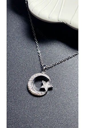 Zirkon Taşlı, Ay Yıldızlı, Paslanmaz Çelik Kolye 402, Gümüş Renk