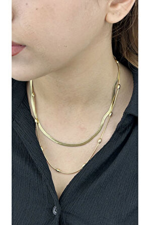 2 Zincir, İtalyan ve Topçuklu Zincir, Paslanmaz Çelik Kolye 403, Altın Renk