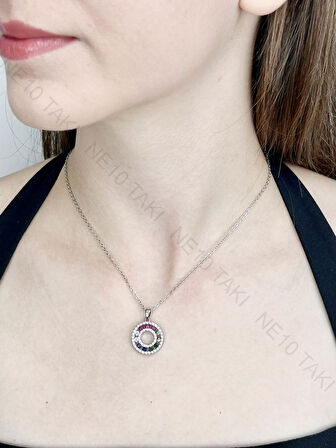 Zirkon Renkli Taşlı, Paslanmaz Çelik Kolye 405, Gümüş Renk