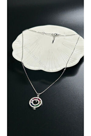 Zirkon Renkli Taşlı, Paslanmaz Çelik Kolye 405, Gümüş Renk