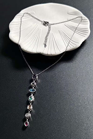 Y kolye, Çok Renkli, Paslanmaz Çelik 406, Kasa Gümüş Renk