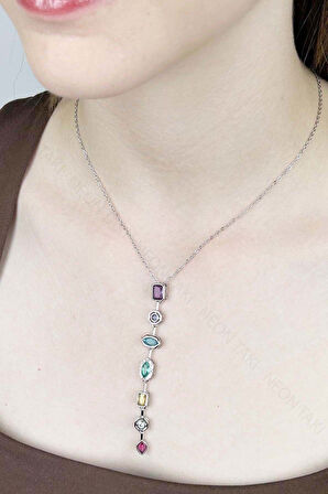 Y kolye, Çok Renkli, Paslanmaz Çelik 406, Kasa Gümüş Renk