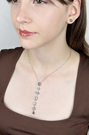 Y kolye, Çok Renkli, Paslanmaz Çelik 406, Kasa Gümüş Renk