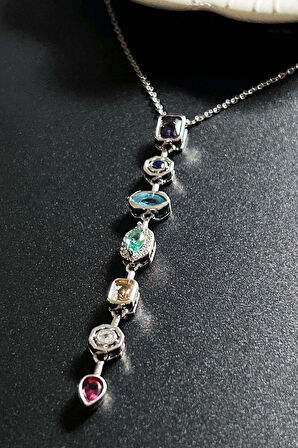 Y kolye, Çok Renkli, Paslanmaz Çelik 406, Kasa Gümüş Renk