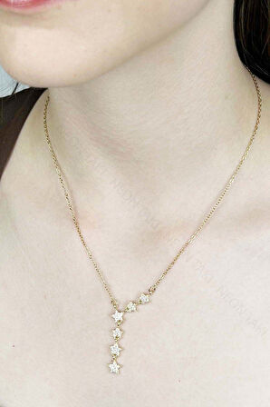 Zirkon Taşlı Yıldızlı Y kolye, Paslanmaz Çelik Kolye 407, Altın Renk