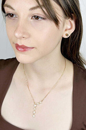 Zirkon Taşlı Yıldızlı Y kolye, Paslanmaz Çelik Kolye 407, Altın Renk