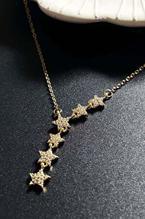 Zirkon Taşlı Yıldızlı Y kolye, Paslanmaz Çelik Kolye 407, Altın Renk