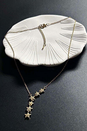 Zirkon Taşlı Yıldızlı Y kolye, Paslanmaz Çelik Kolye 407, Altın Renk