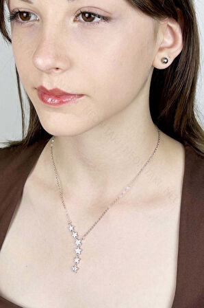 Zirkon Taşlı Yıldızlı Y kolye, Paslanmaz Çelik Kolye 408, Gümüş Renk