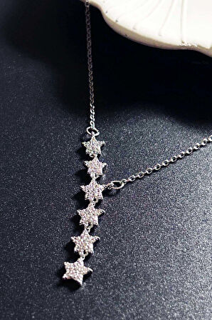 Zirkon Taşlı Yıldızlı Y kolye, Paslanmaz Çelik Kolye 408, Gümüş Renk