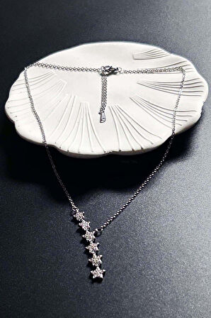 Zirkon Taşlı Yıldızlı Y kolye, Paslanmaz Çelik Kolye 408, Gümüş Renk