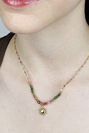 Renkli Taşlı, Paslanmaz Çelik Kolye 409, Altın Renk