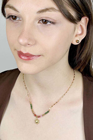 Renkli Taşlı, Paslanmaz Çelik Kolye 409, Altın Renk