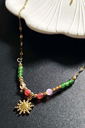 Renkli Taşlı, Paslanmaz Çelik Kolye 409, Altın Renk