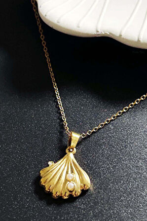 İncili, İstiridye Paslanmaz Çelik Kolye 410, Altın Renk