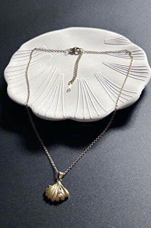 İncili, İstiridye Paslanmaz Çelik Kolye 410, Altın Renk