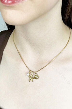 Midye, İnci, Deniz Yıldızı Charmlı Paslanmaz Çelik Kolye 411, Altın Rengi