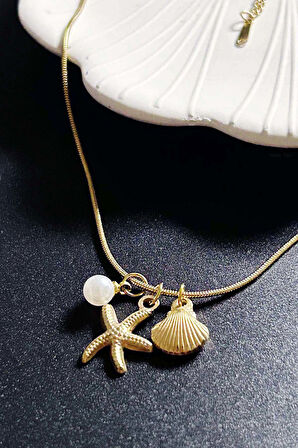 Midye, İnci, Deniz Yıldızı Charmlı Paslanmaz Çelik Kolye 411, Altın Rengi