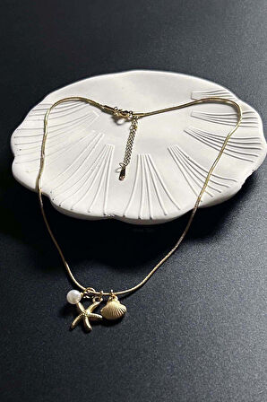 Midye, İnci, Deniz Yıldızı Charmlı Paslanmaz Çelik Kolye 411, Altın Rengi