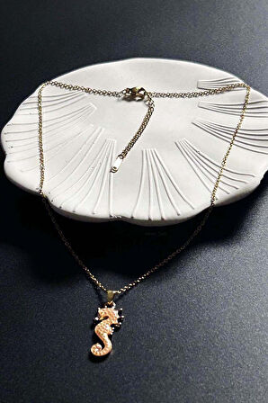 Deniz Atı Figürlü, Paslanmaz Çelik Kolye 412, Altın Rengi