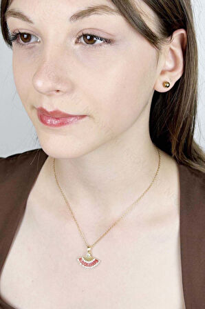 Zirkon Taşlı, Yelpaze Figürlü Paslanmaz Çelik Kolye 413, Altın Rengi