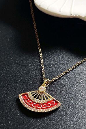 Zirkon Taşlı, Yelpaze Figürlü Paslanmaz Çelik Kolye 413, Altın Rengi