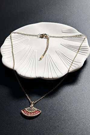 Zirkon Taşlı, Yelpaze Figürlü Paslanmaz Çelik Kolye 413, Altın Rengi