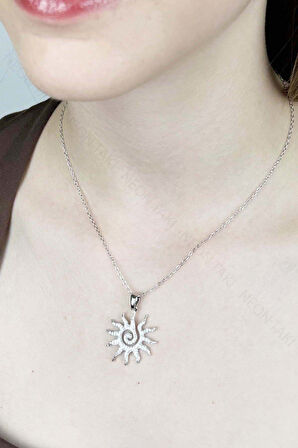 Zirkon Taşlı, Güneş Figürlü Paslanmaz Çelik Kolye 414, Gümüş Renk