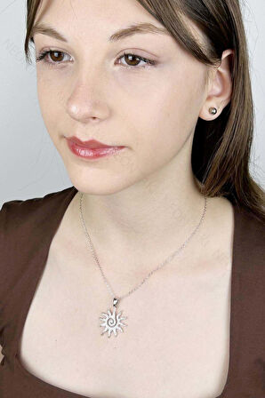 Zirkon Taşlı, Güneş Figürlü Paslanmaz Çelik Kolye 414, Gümüş Renk