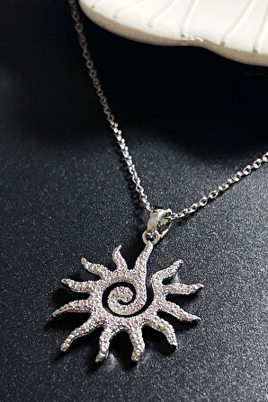 Zirkon Taşlı, Güneş Figürlü Paslanmaz Çelik Kolye 414, Gümüş Renk