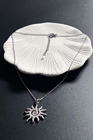 Zirkon Taşlı, Güneş Figürlü Paslanmaz Çelik Kolye 414, Gümüş Renk