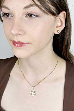 Zirkon Taşlı, Mineli Güneş Figürlü Paslanmaz Çelik Kolye 418, Altın Renk