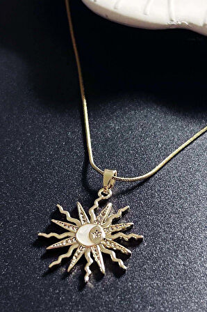 Zirkon Taşlı, Mineli Güneş Figürlü Paslanmaz Çelik Kolye 418, Altın Renk