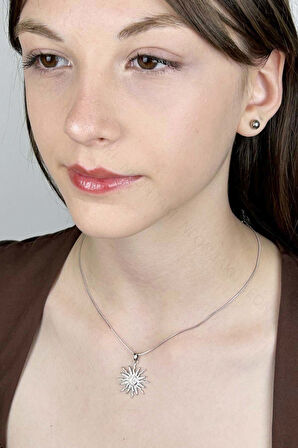 Zirkon Taşlı, Mineli Güneş Figürlü Paslanmaz Çelik Kolye 419, Gümüş Renk