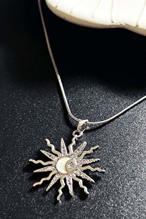 Zirkon Taşlı, Mineli Güneş Figürlü Paslanmaz Çelik Kolye 419, Gümüş Renk