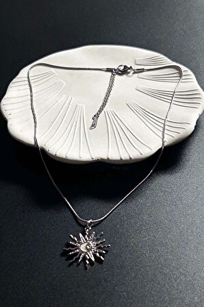 Zirkon Taşlı, Mineli Güneş Figürlü Paslanmaz Çelik Kolye 419, Gümüş Renk