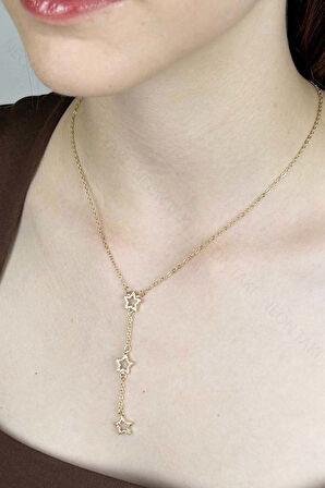 Zirkon Taşlı, Yıldızlı Y Kolye, Paslanmaz Çelik 421, Altın Renk