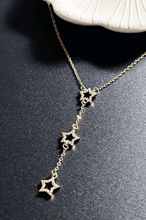 Zirkon Taşlı, Yıldızlı Y Kolye, Paslanmaz Çelik 421, Altın Renk