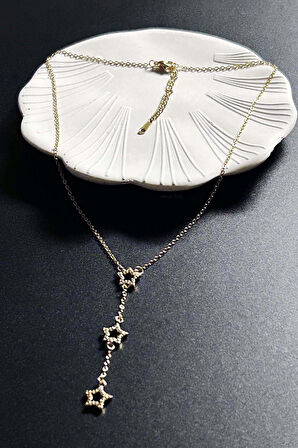 Zirkon Taşlı, Yıldızlı Y Kolye, Paslanmaz Çelik 421, Altın Renk