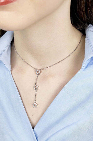 Zirkon Taşlı, Yıldızlı Y Kolye, Paslanmaz Çelik 422, Gümüş Renk