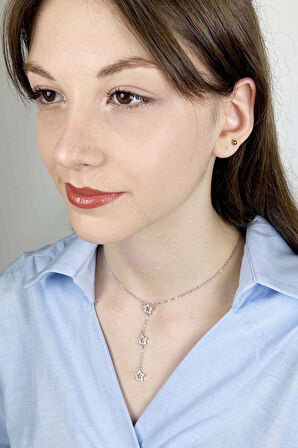 Zirkon Taşlı, Yıldızlı Y Kolye, Paslanmaz Çelik 422, Gümüş Renk