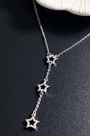 Zirkon Taşlı, Yıldızlı Y Kolye, Paslanmaz Çelik 422, Gümüş Renk