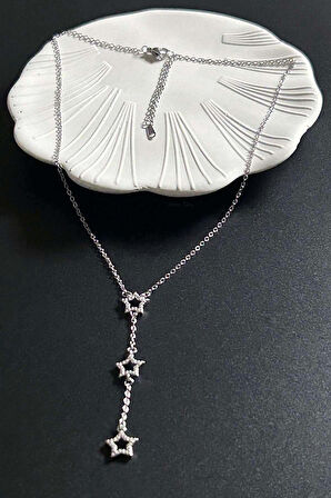 Zirkon Taşlı, Yıldızlı Y Kolye, Paslanmaz Çelik 422, Gümüş Renk