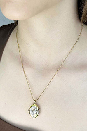 Zirkon Taşlı, Alya, Kapaklı, Paslanmaz Çelik Kolye 424, Altın Renk