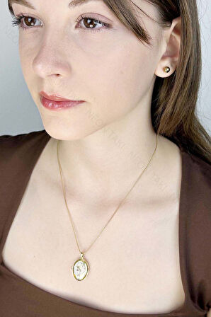 Zirkon Taşlı, Alya, Kapaklı, Paslanmaz Çelik Kolye 424, Altın Renk