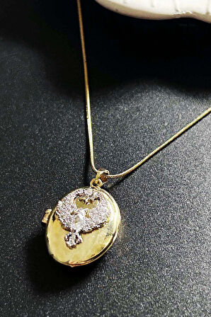 Zirkon Taşlı, Alya, Kapaklı, Paslanmaz Çelik Kolye 424, Altın Renk