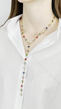 Y Kolye, Taşlı, Çok Renkli, Kalpli, Kolye 432, Kasa Altın Renk